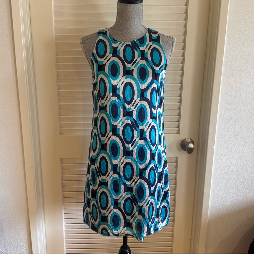 INC International Concepts blue circle 60s 100% silk sleeveless shift dress